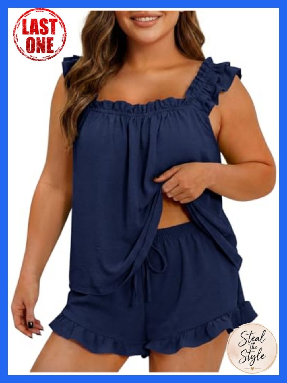 Plus Size 2 Piece Pajama Set Square Neck Ruffle Sleeveless Lounge Shorts